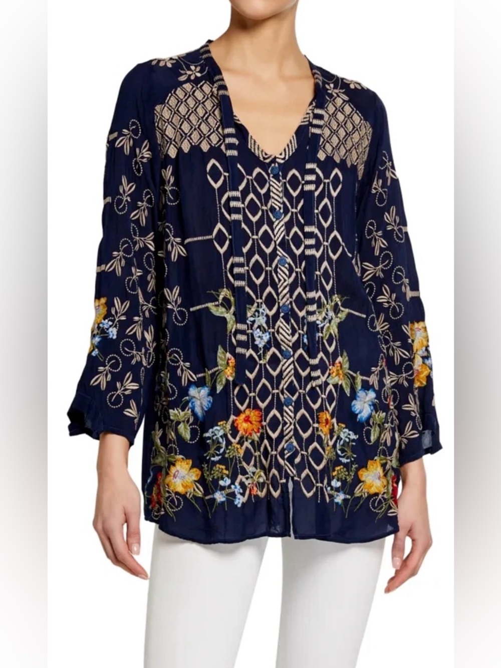 Johnny Was Navy Floral Embroidered V-Neck Blouse